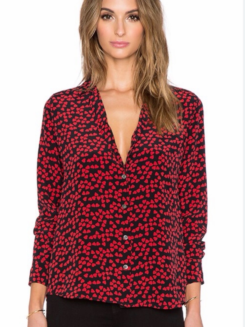 Equipment Femme 100% silk Adelyn Button-Down Top Red Heart Print M